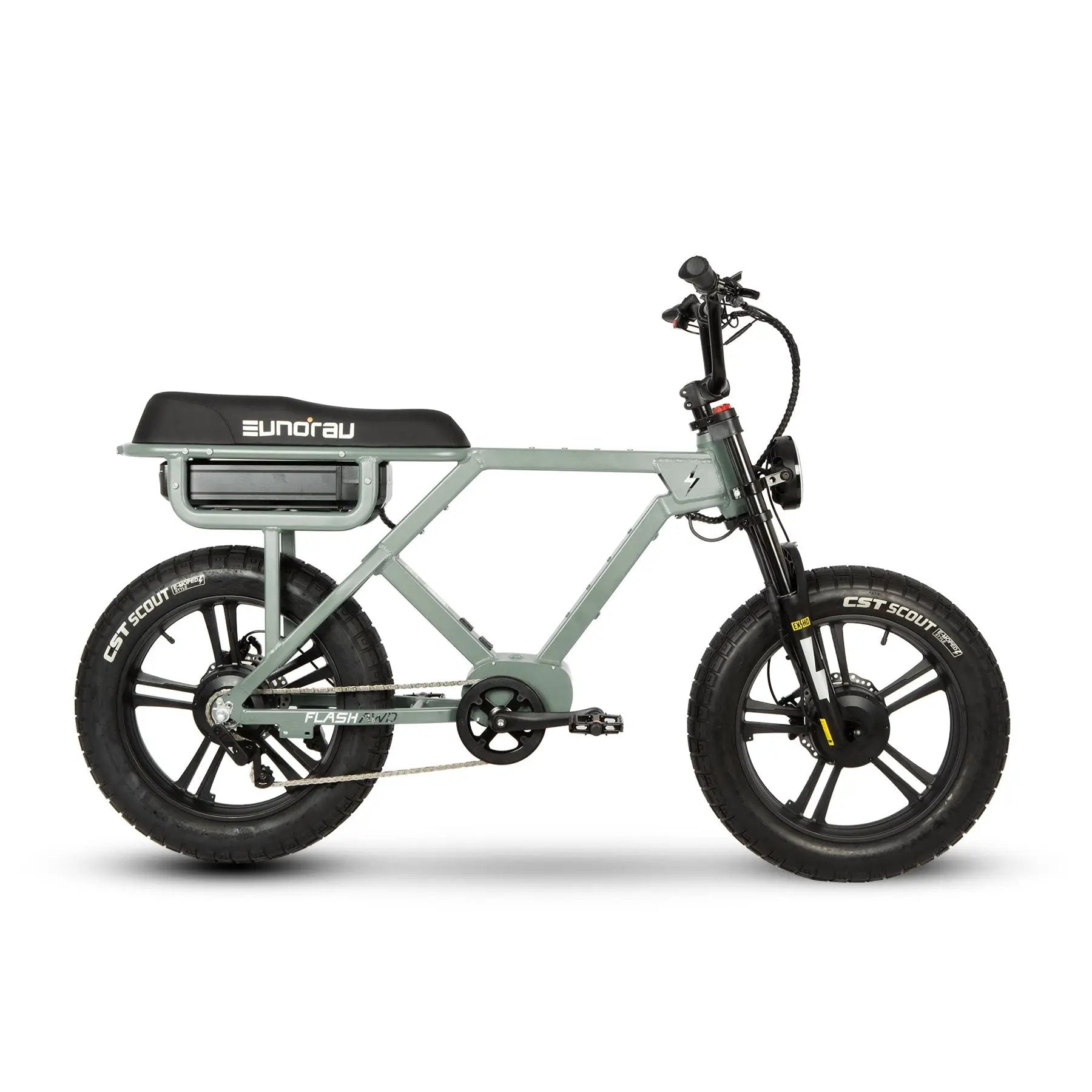 FLASH AWD 1.0 electric bicycle with green frame, black EUNORAU saddle, and front suspension on Tampa Home & Garden Store