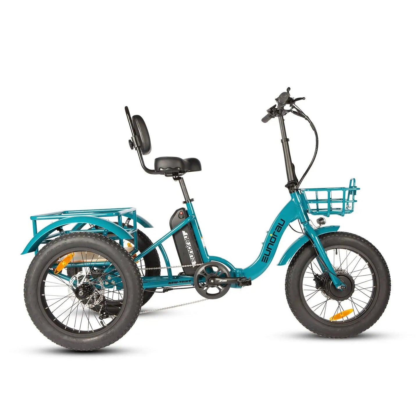 Electric Trike Foldable City Model 2.0 teal blue three-wheel e-bike with front basket by EUNORAU on Tampa Home & Garden Store