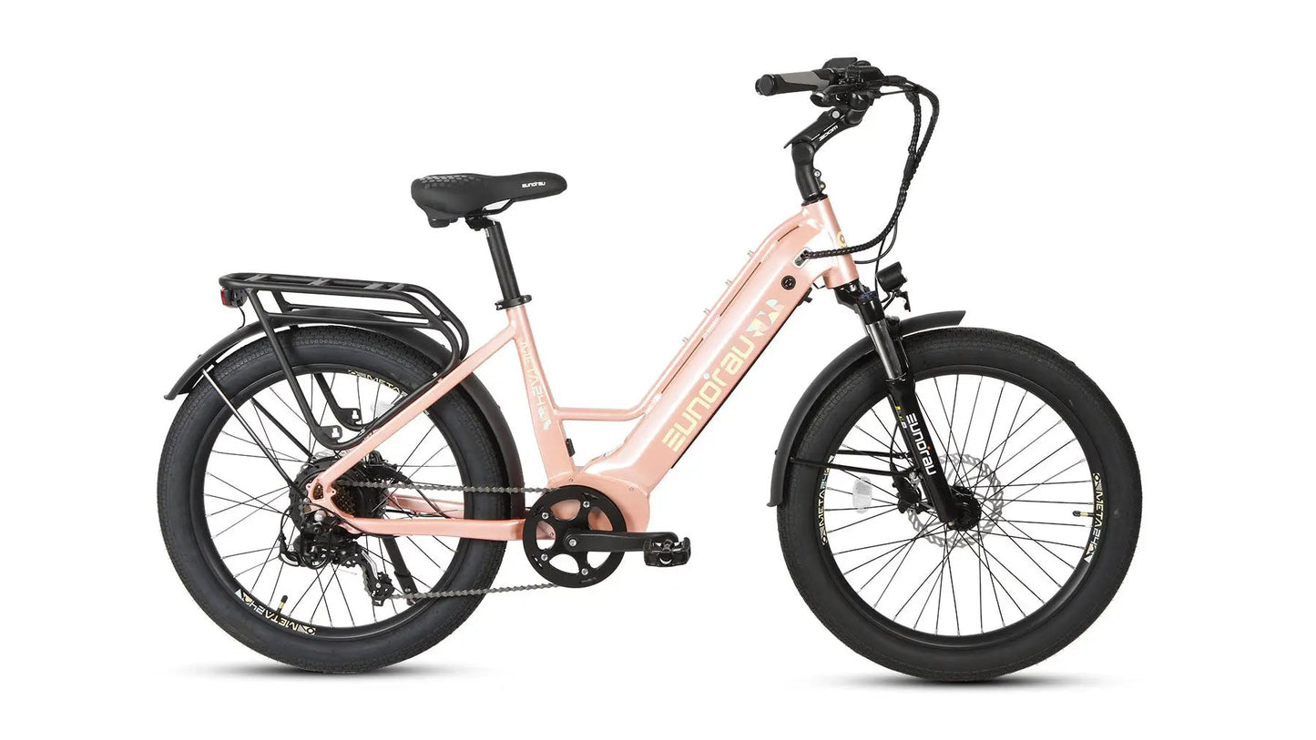 Electric bike META26 1.0 by EUNORAU E-BIKE US, pink step-through frame with fat tires on Tampa Home & Garden Store