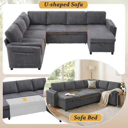 Convertible U-Shaped Sectional Sofa Bed in gray corduroy with USB ports and storage on Tampa Home & Garden Store