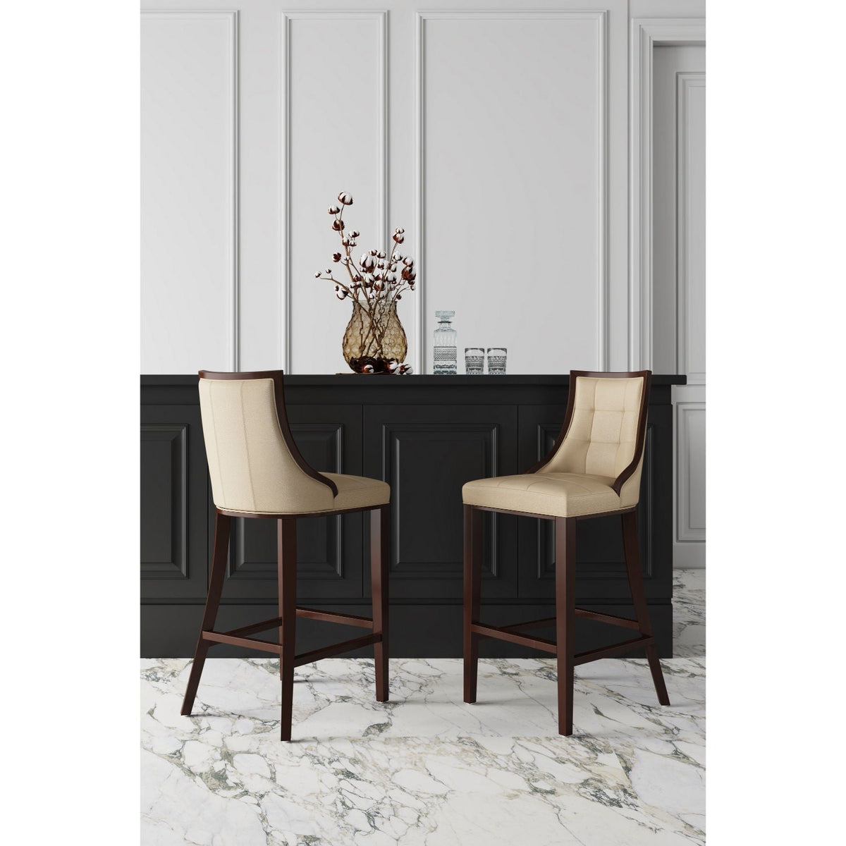 Pair of White Bar Height Stools with solid wood frames, cream upholstery, traditional design on Tampa Home & Garden Store
