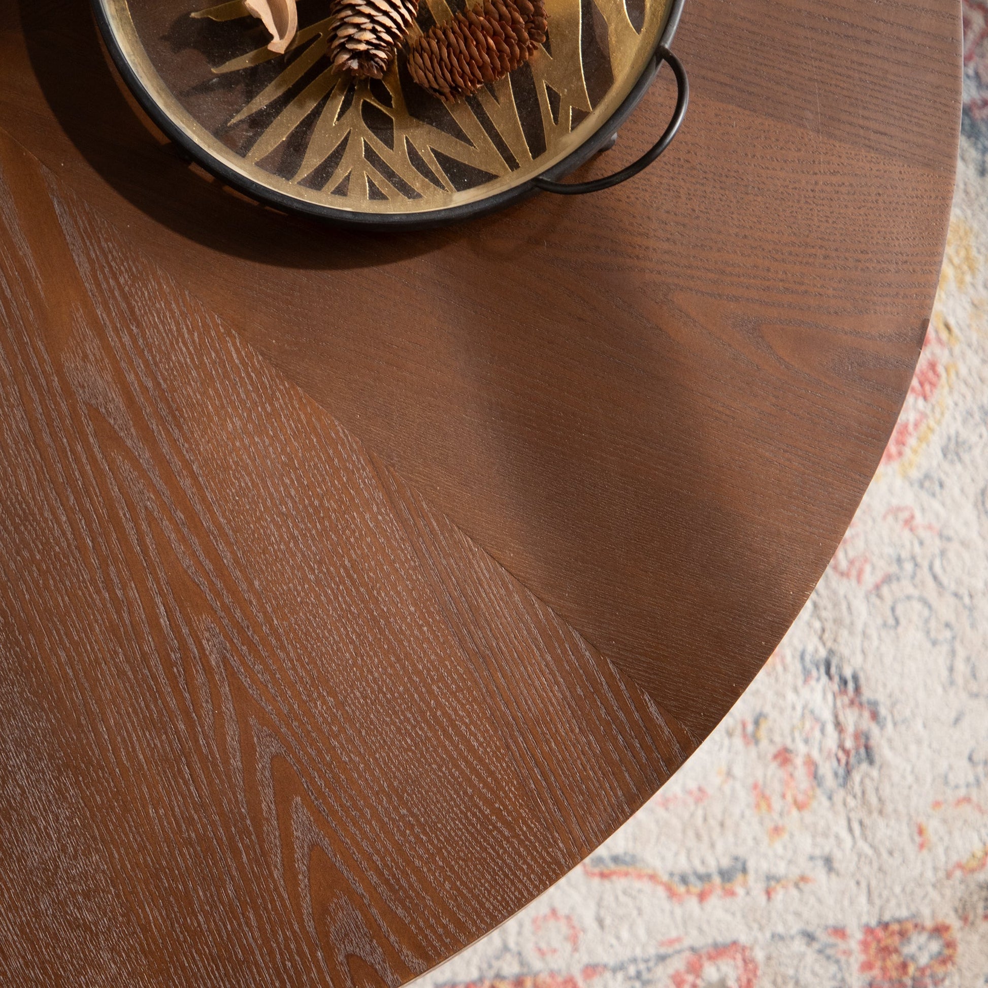 38.97' Round handcrafted coffee table by HouseOfZazla with dark wood top and gold leaf tray on Tampa Home & Garden Store