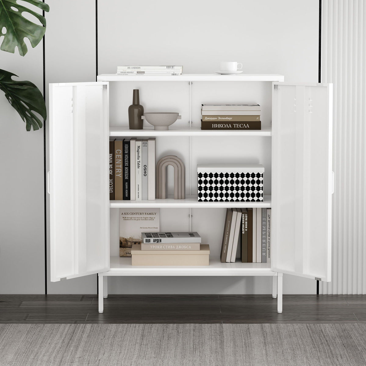 Accent cabinet with adjustable shelves in white finish; interior holds books and decor on Tampa Home & Garden Store