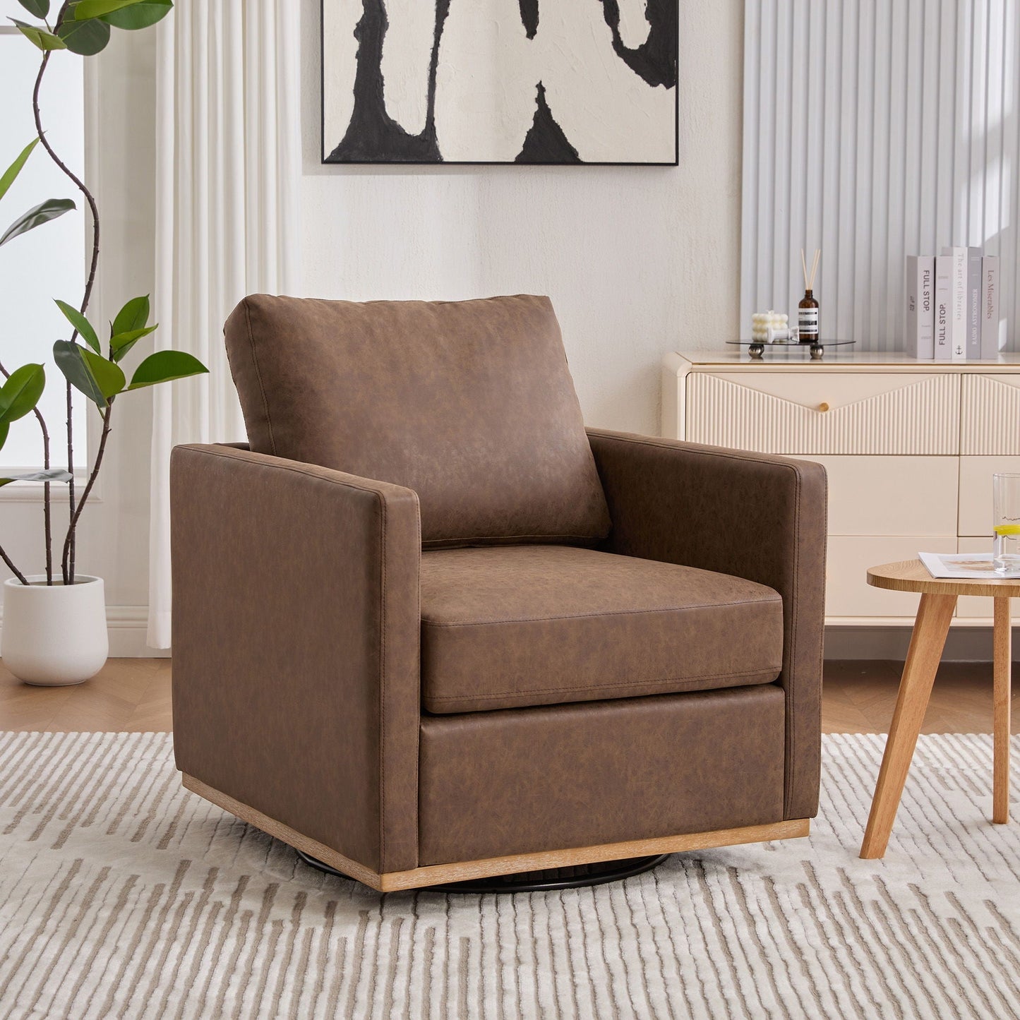 Modern upholstered square swivel accent chair in brown faux leather with 360° rotation on Tampa Home & Garden Store