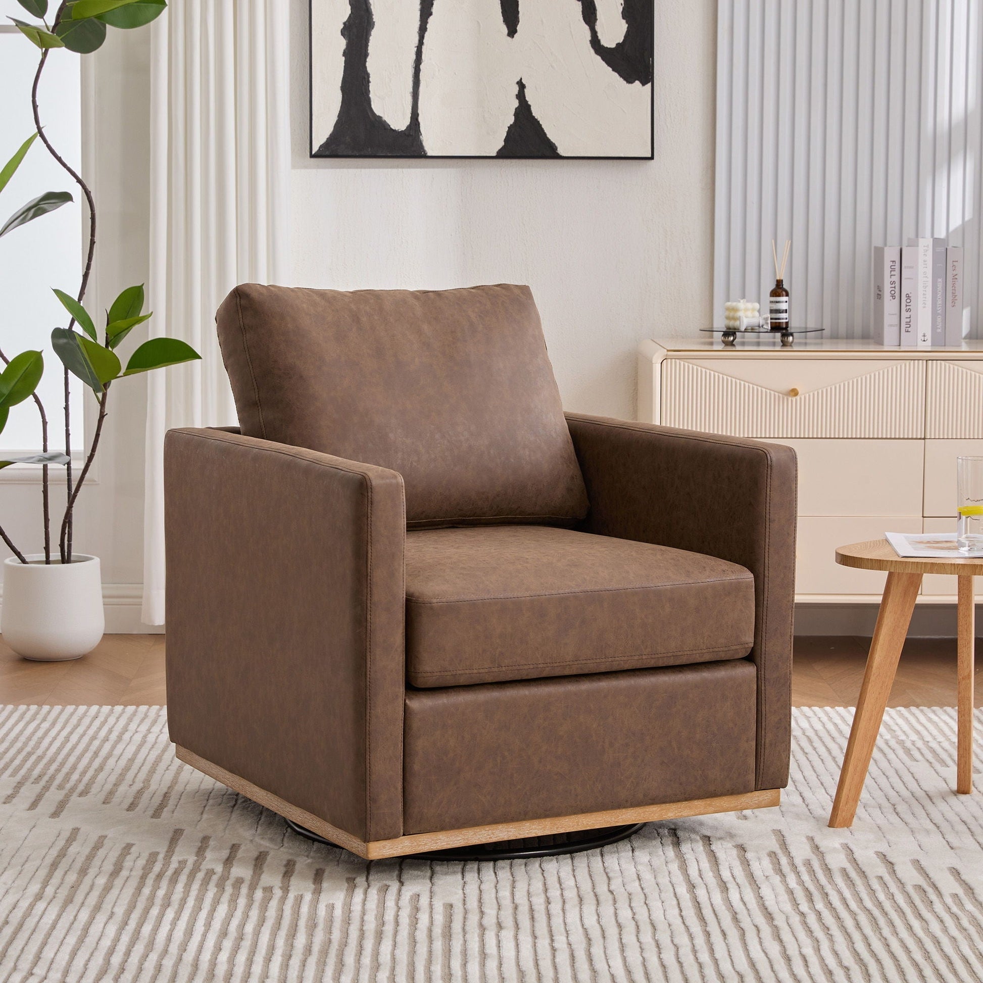 Modern upholstered square swivel accent chair in brown faux leather with 360° rotation on Tampa Home & Garden Store
