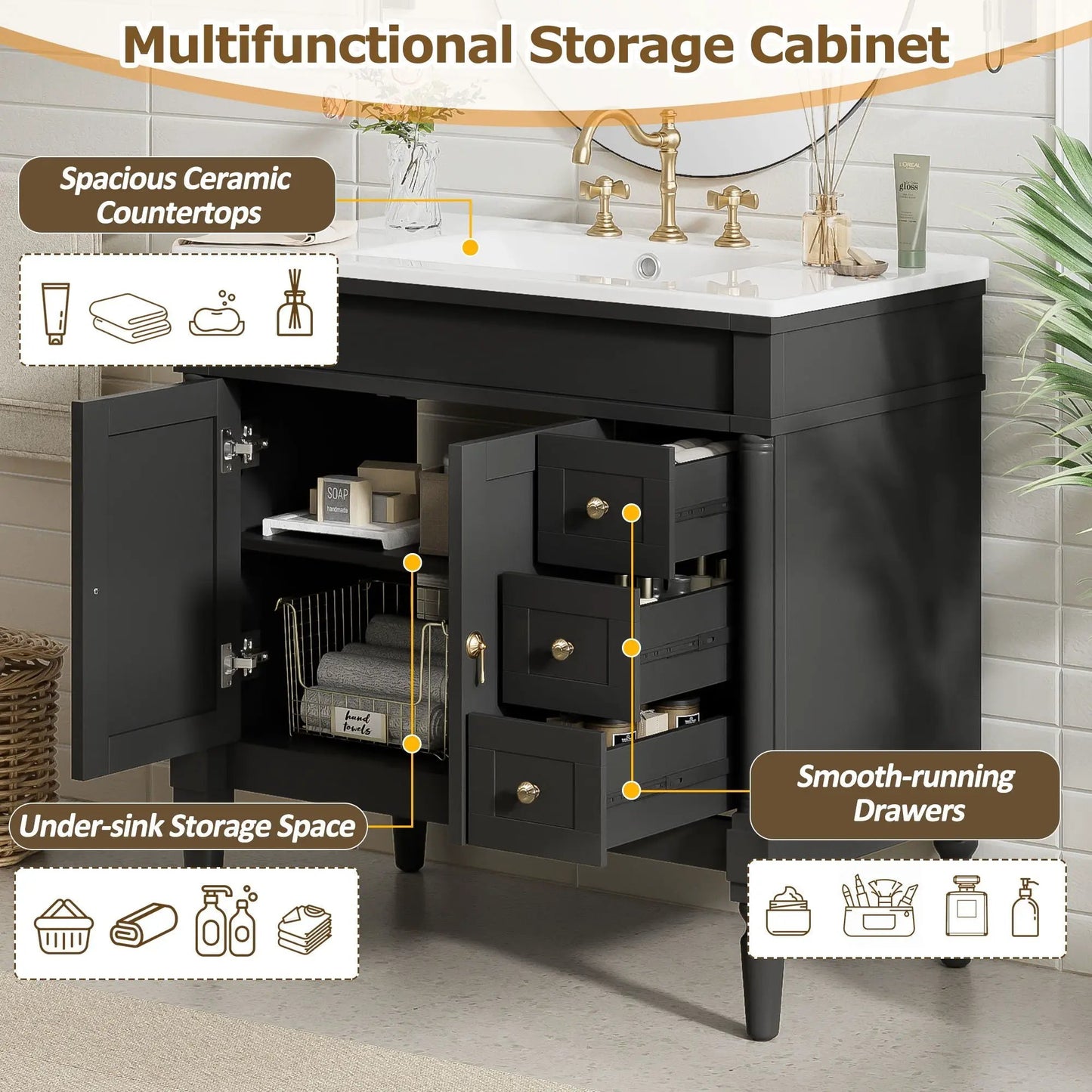 Bathroom Vanity With Ceramic Sink and Soft Close