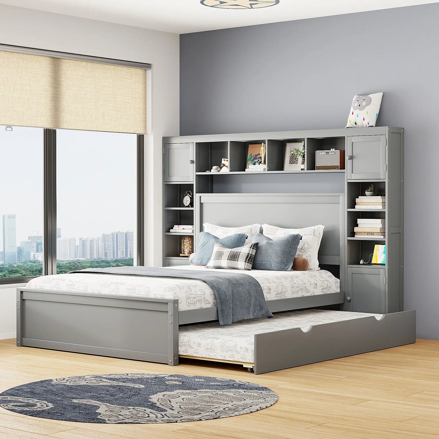 Cabinet bed with sockets and shelves, gray twin long trundle by Unique Piece Furniture on Tampa Home & Garden Store