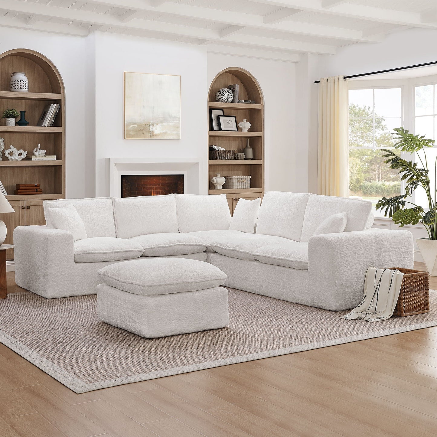 Sectional sofa with moveable ottoman in white fabric, HouseOfZazla 3-piece set on Tampa Home & Garden Store