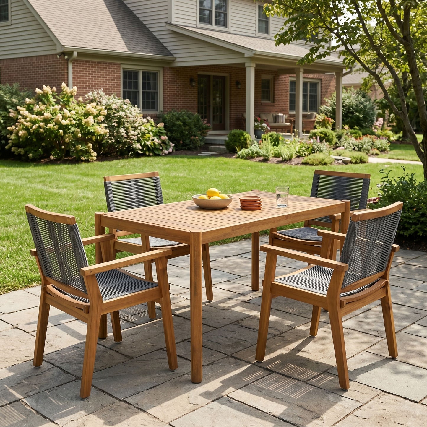 Acacia Wood Outdoor Dining Set and Grey Chairs