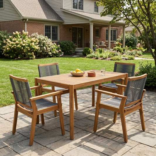 5-Piece outdoor acacia wood dining set with 54.75-inch teak table and four dark gray chairs on Tampa Home & Garden Store