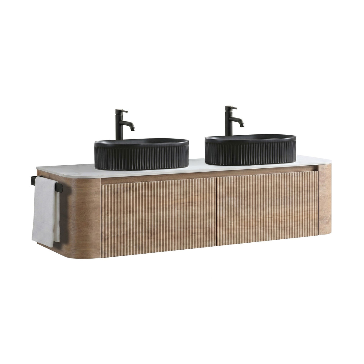 Erba 60-inch honey oak vanity with two black vessel sinks and matte black faucets on Tampa Home & Garden Store