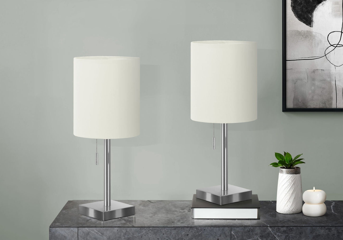Table lamp set by HouseOfZazla, nickel, white shade, USB port included, contemporary set of 2 on Tampa Home & Garden Store