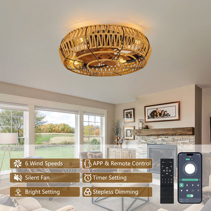 19-inch caged ceiling fan with woven rope cage and wood blades on Tampa Home & Garden Store
