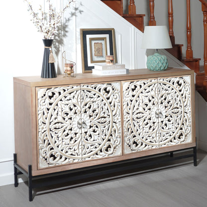 4-door wood cabinet with light oak finish, featuring vintage carved panels and metal base on Tampa Home & Garden Store