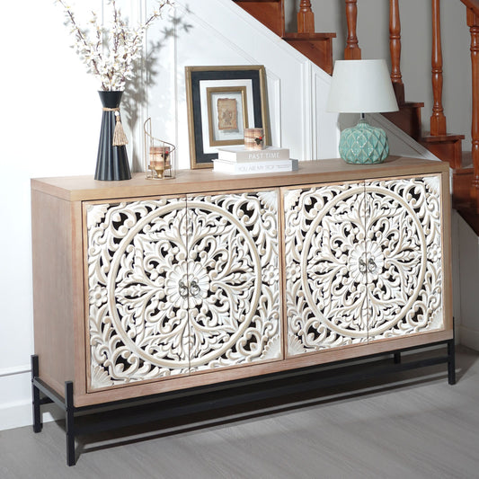 4-door wood cabinet with light oak finish, featuring vintage carved panels and metal base on Tampa Home & Garden Store