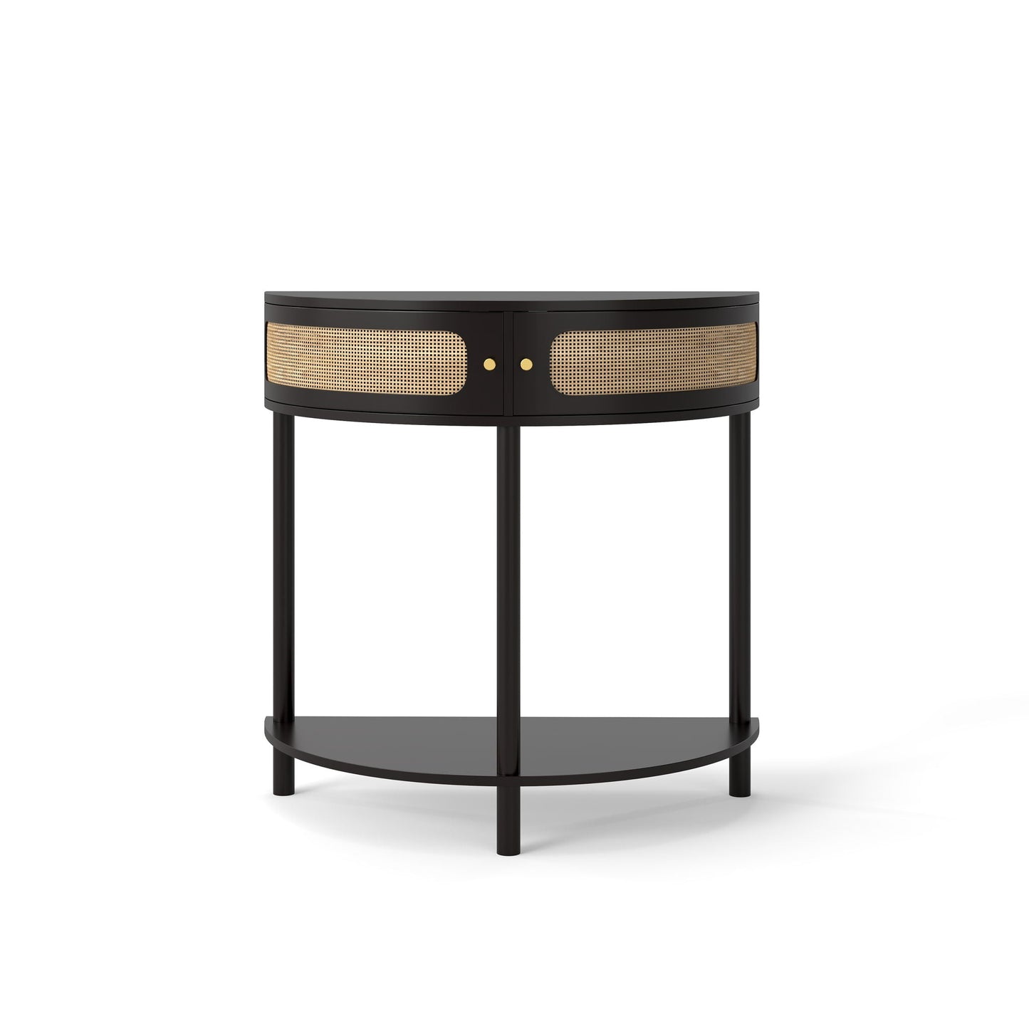 Boho rattan semi-circle end table with sliding rattan doors, black frame, storage and bottom shelf on Tampa Home & Garden Store