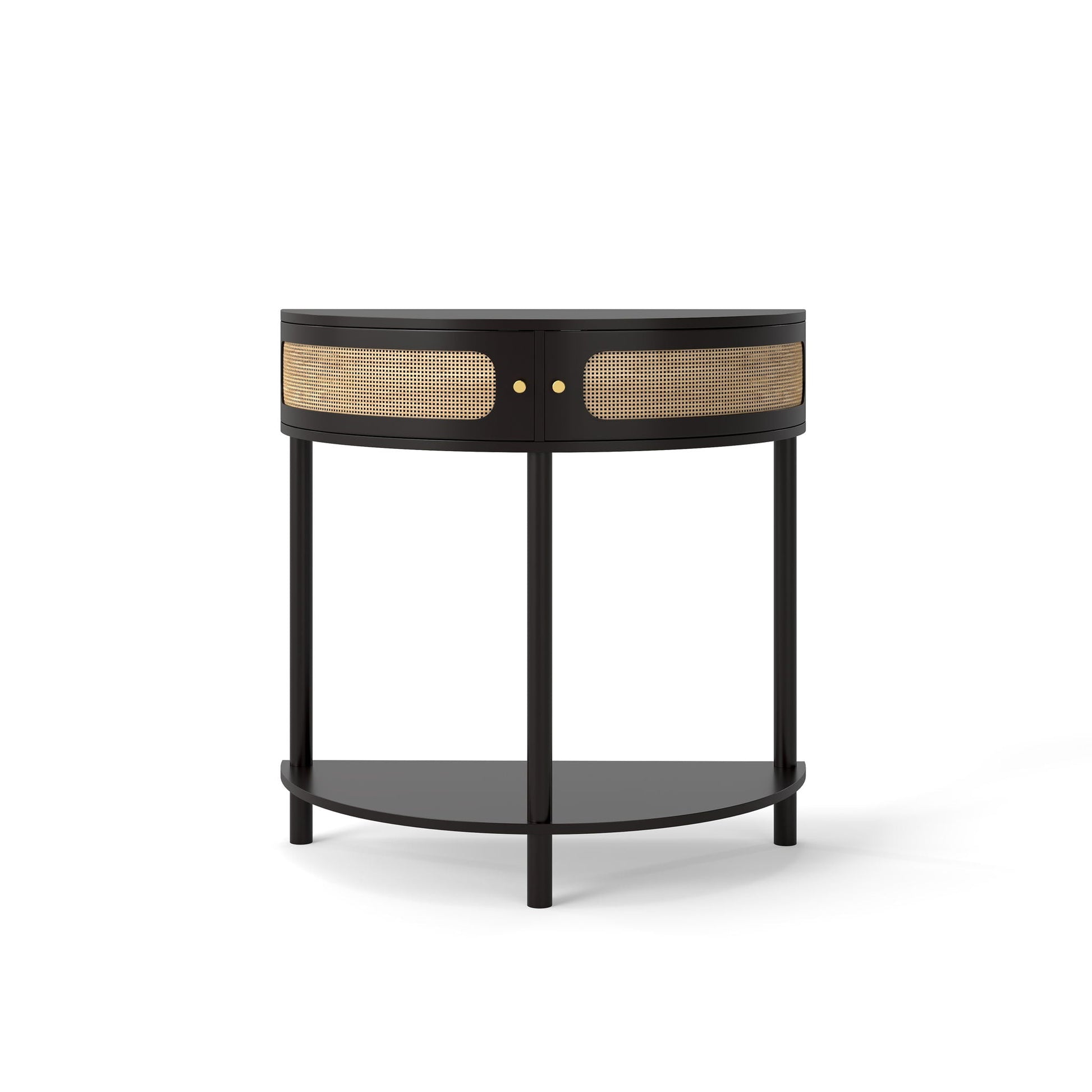 Boho rattan semi-circle end table with sliding rattan doors, black frame, storage and bottom shelf on Tampa Home & Garden Store