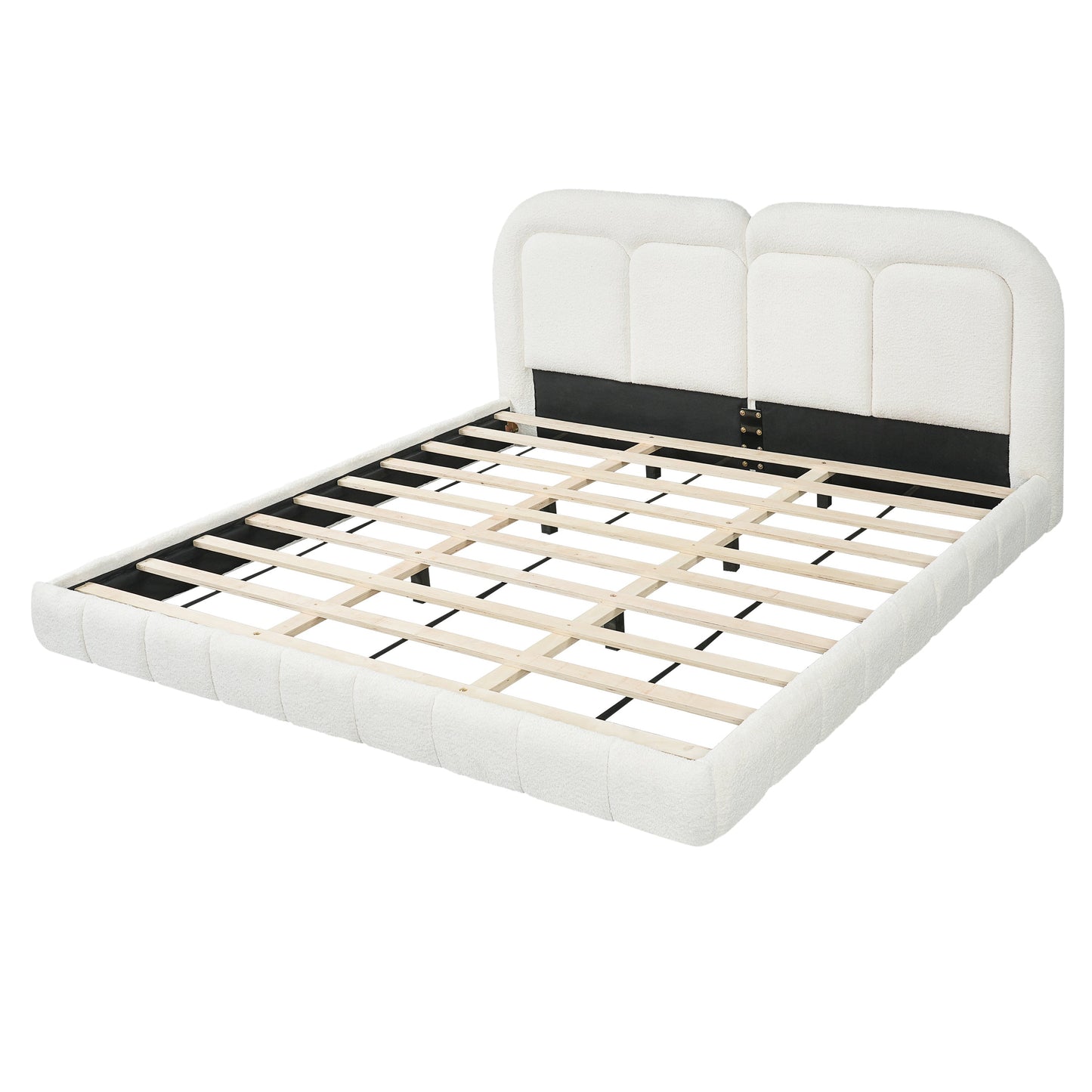 King Size Boucle Upholstered Platform Bed with Tufted Headboard in white boucle, wooden slats on Tampa Home & Garden Store