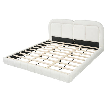King Size Boucle Upholstered Platform Bed with Tufted Headboard in white boucle, wooden slats on Tampa Home & Garden Store