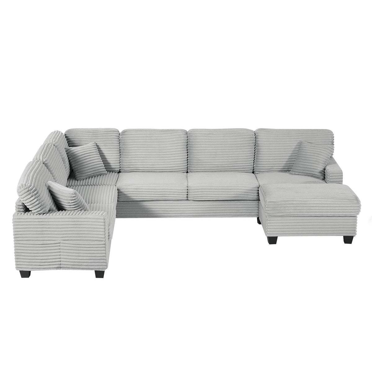 Upholstered U-shaped sectional sofa with movable ottoman in gray corduroy, 2-piece set pockets on Tampa Home & Garden Store