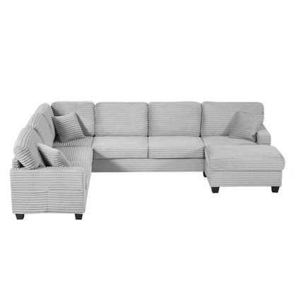 Upholstered U-shaped sectional sofa with movable ottoman in gray corduroy, 2-piece set pockets on Tampa Home & Garden Store