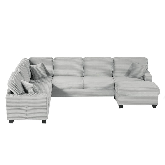 Upholstered U-shaped sectional sofa with movable ottoman in gray corduroy, 2-piece set pockets on Tampa Home & Garden Store