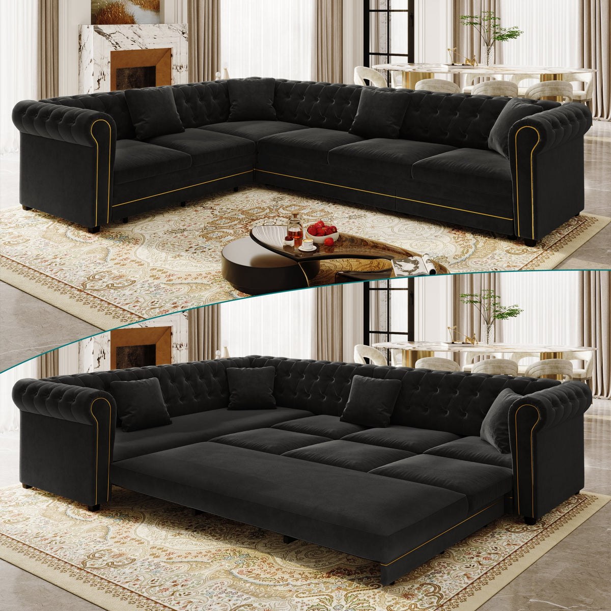 Chesterfield L Shaped Sofa and Black Velvet Bed