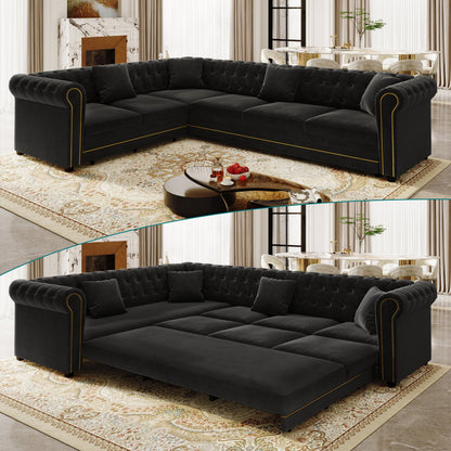 Chesterfield L Shaped Sofa and Black Velvet Bed