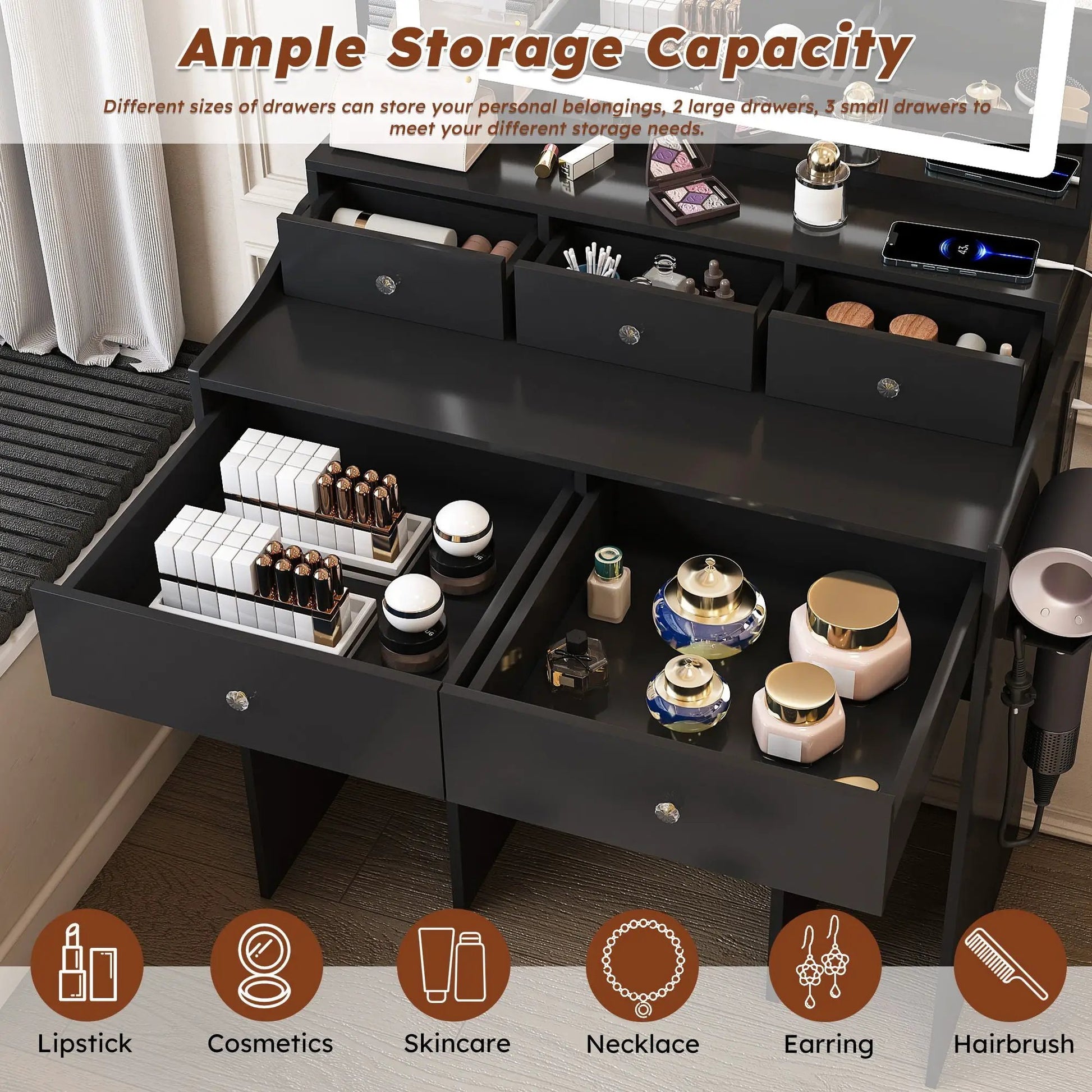 Black vanity set with multiple drawers filled with cosmetics and makeup tools smartphone on counter on Tampa Home & Garden Store