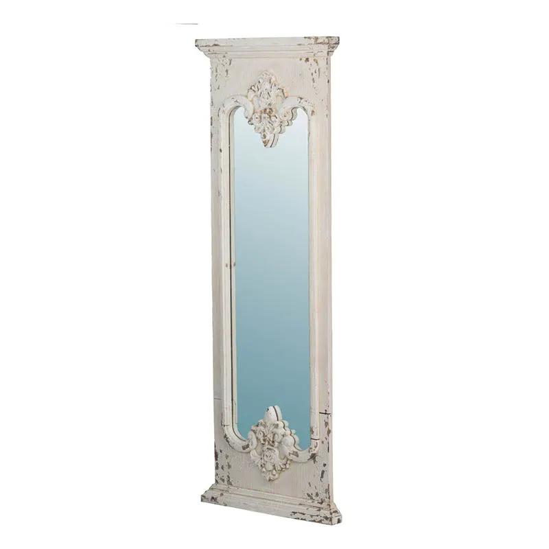 Full-length mirror with solid wood distressed white frame and ornate floral carvings on Tampa Home & Garden Store