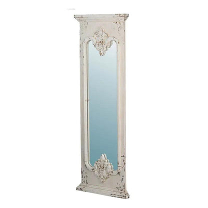 Full-length mirror with solid wood distressed white frame and ornate floral carvings on Tampa Home & Garden Store
