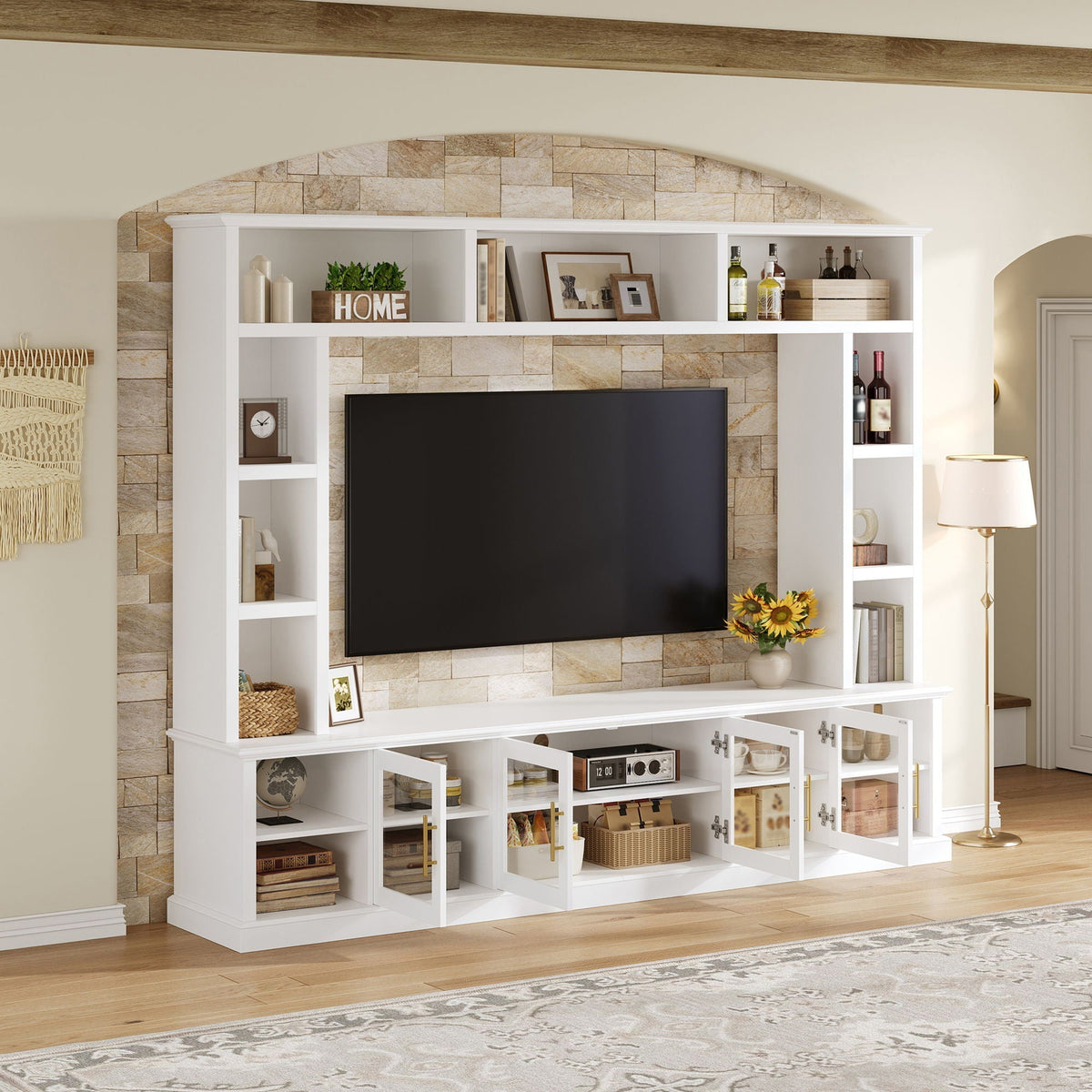 All-In-One Entertainment Center white with tempered glass doors and open shelving by HouseOfZazla on Tampa Home & Garden Store