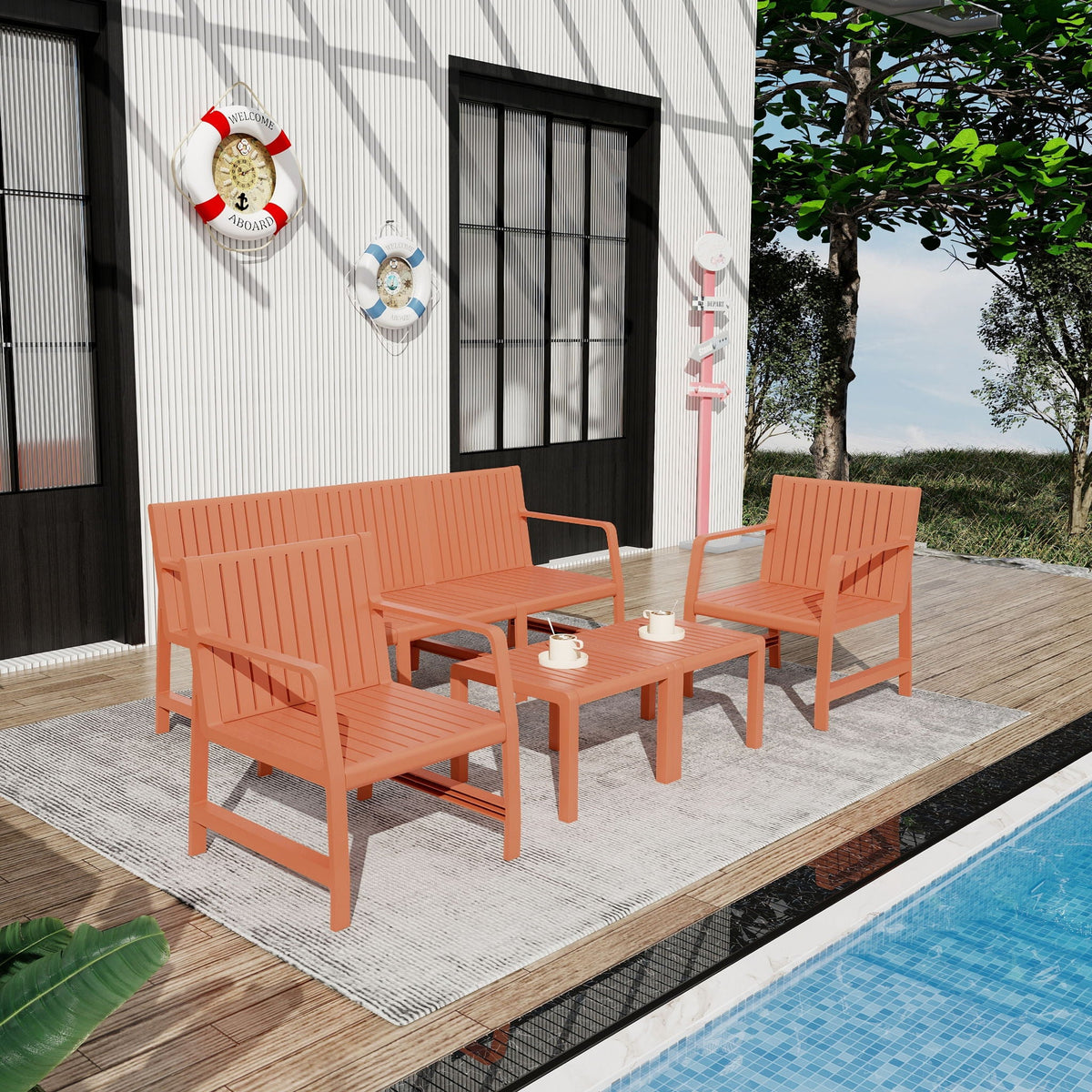 Waterproof orange 2 piece outdoor patio set by HouseOfZazla with chairs by pool on Tampa Home & Garden Store