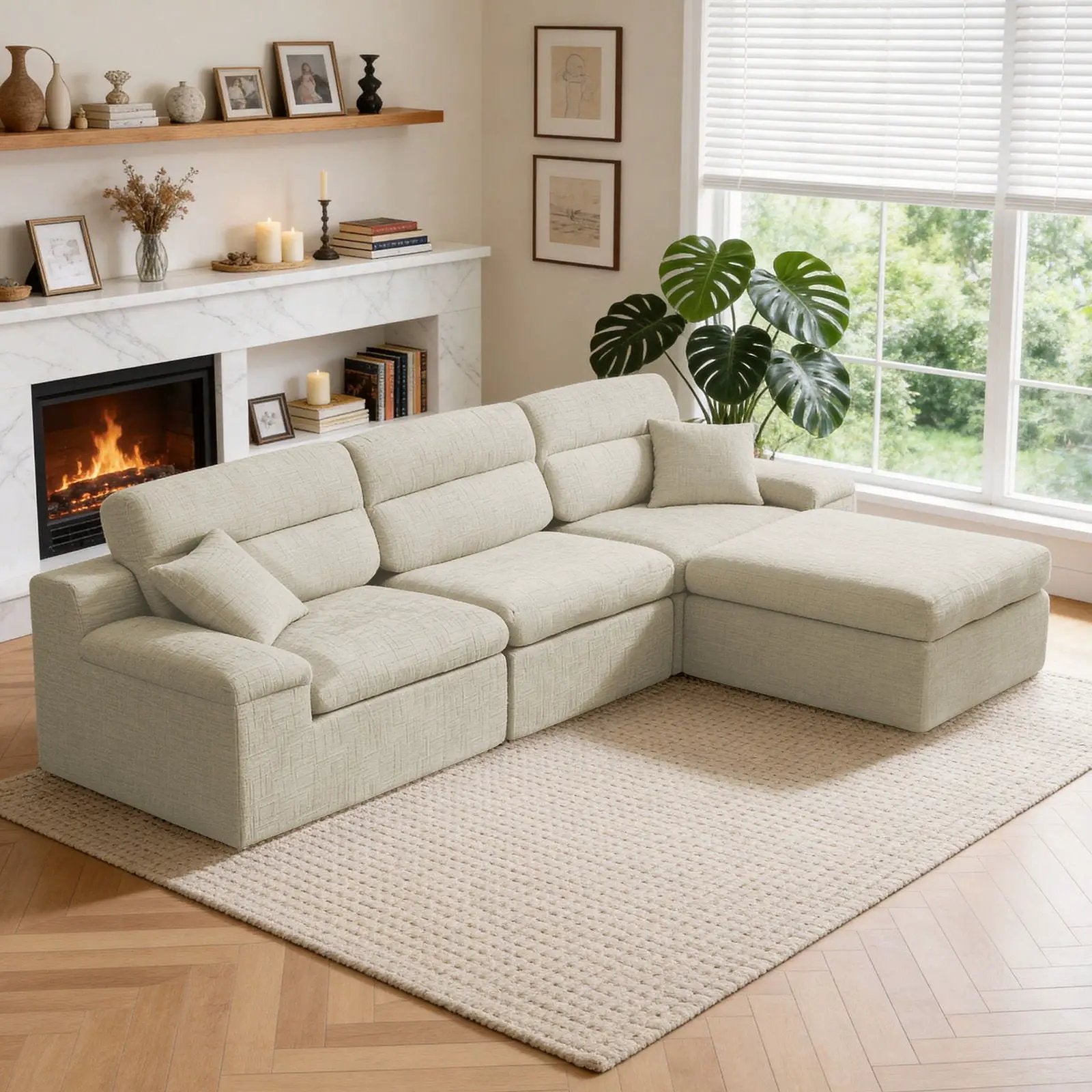Corner Chaise Sofa With High Backrest beige fabric, 2-Piece Living Room Set on Tampa Home & Garden Store