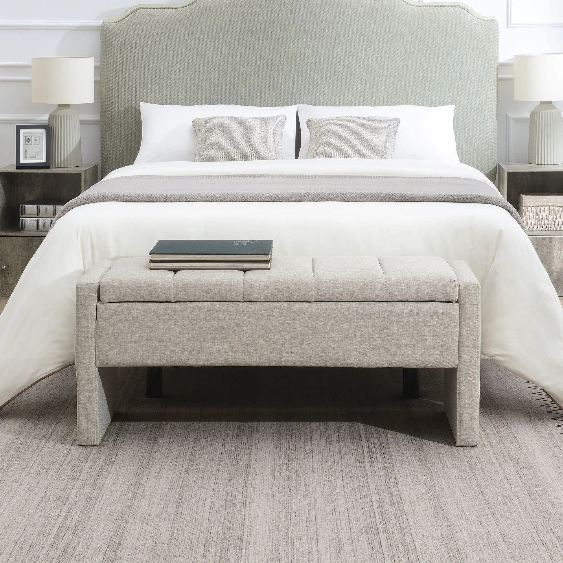 Modern upholstered bed end bench with storage, gray fabric, Unique Piece Furniture on Tampa Home & Garden Store
