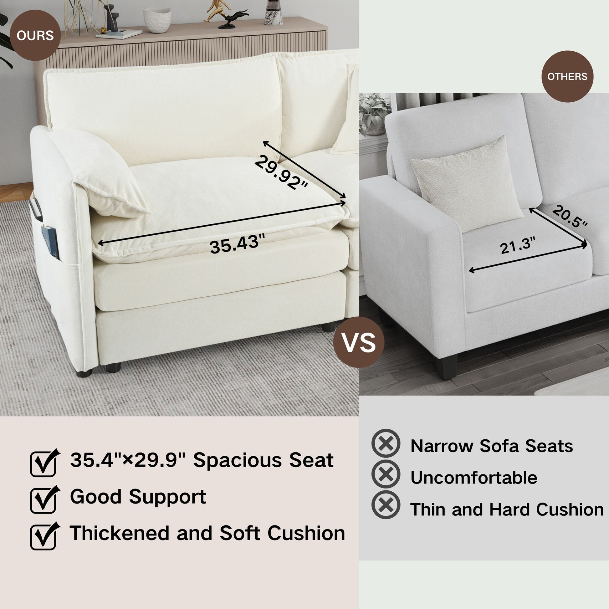 Modern Comfy Deep Seat Sectional Sofa Cloud Couch With Ottoman cream upholstery HouseOfZazla on Tampa Home & Garden Store