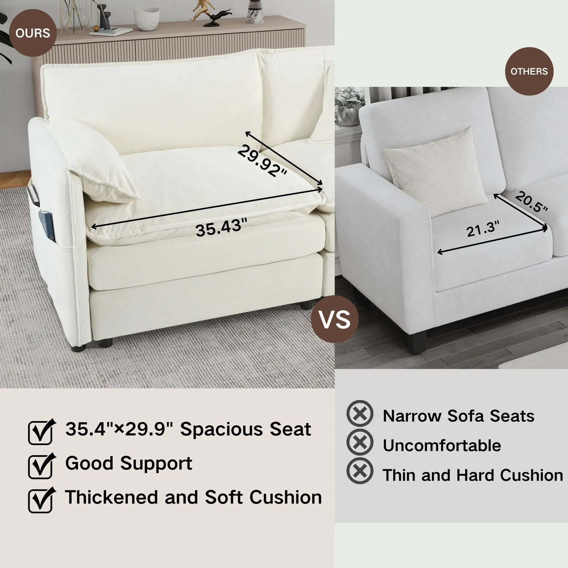 Cream fabric deep-seat modular stationary sectional sofa cloud couch ottoman Unique Piece on Tampa Home & Garden Store