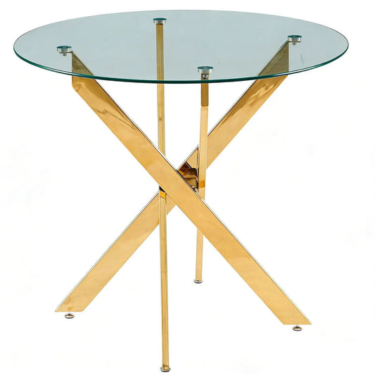 Round tempered-glass dining table with gold cross-leg base, space-saving Unique Piece Furniture on Tampa Home & Garden Store