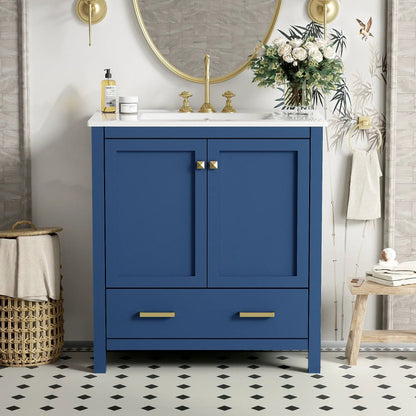 Bathroom vanity with single undermount sink, blue solid-wood frame, two doors and a drawer, white top on Tampa Home & Garden Store