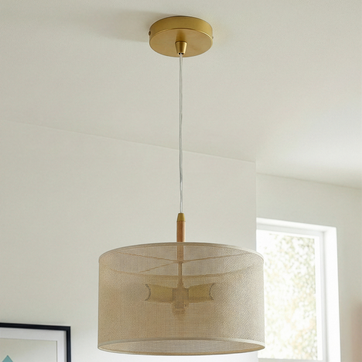 Glacier Pendant Lamp with gold canopy, wooden connector, and beige woven drum shade on Tampa Home & Garden Store
