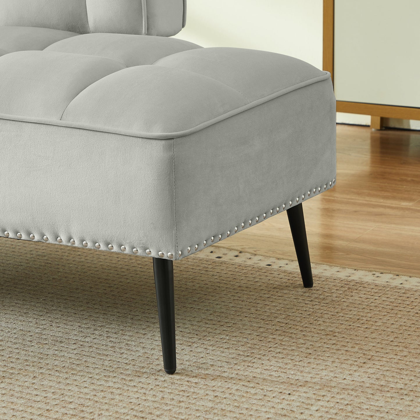 54-Inch Modern Two-Seater Velvet Sofa gray upholstery with nailhead trim and black legs on Tampa Home & Garden Store