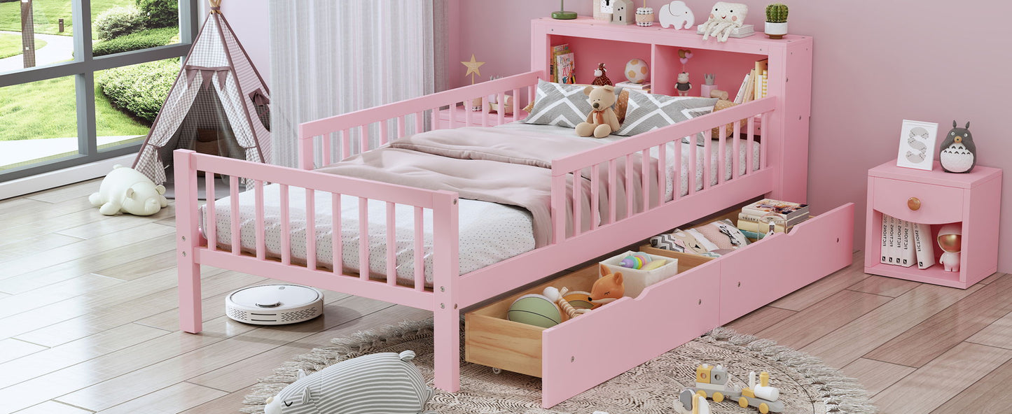 Bed with headboard storage rack in pink, 2 underbed drawers, 3 side guardrails HouseOfZazla on Tampa Home & Garden Store