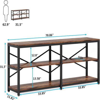 Extra Long Console Table with X Back Design 3-Tier Storage in dark brown wood top and black frame on Tampa Home & Garden Store