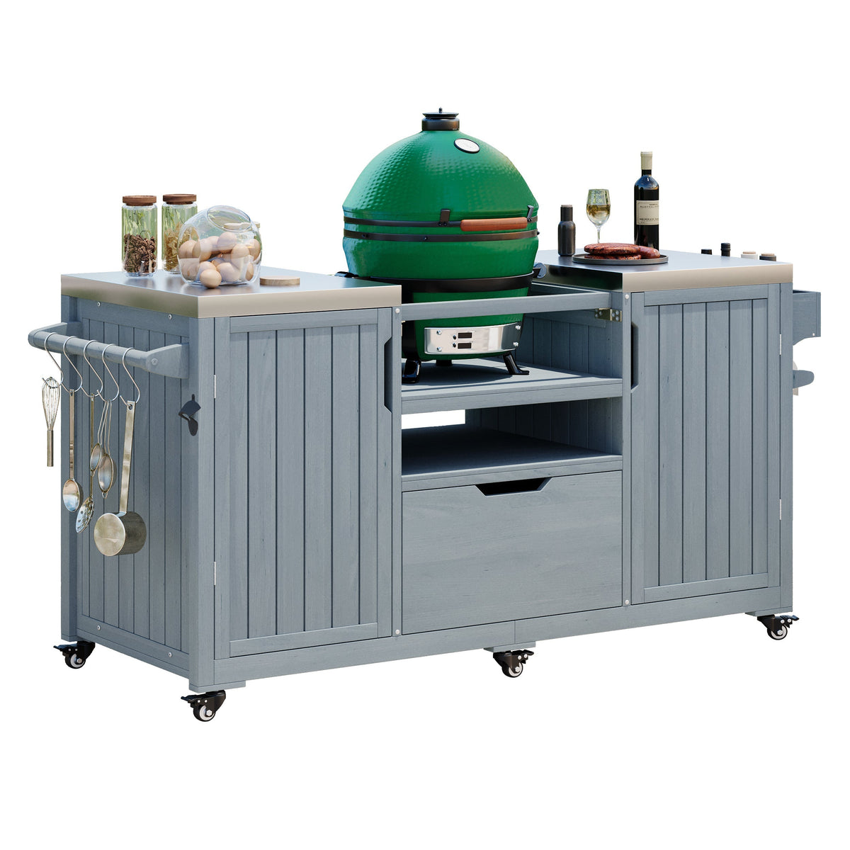 K&K 66.5-inch Outdoor Kitchen Island for Big Green Egg grills, gray cabinetry with caster wheels on Tampa Home & Garden Store