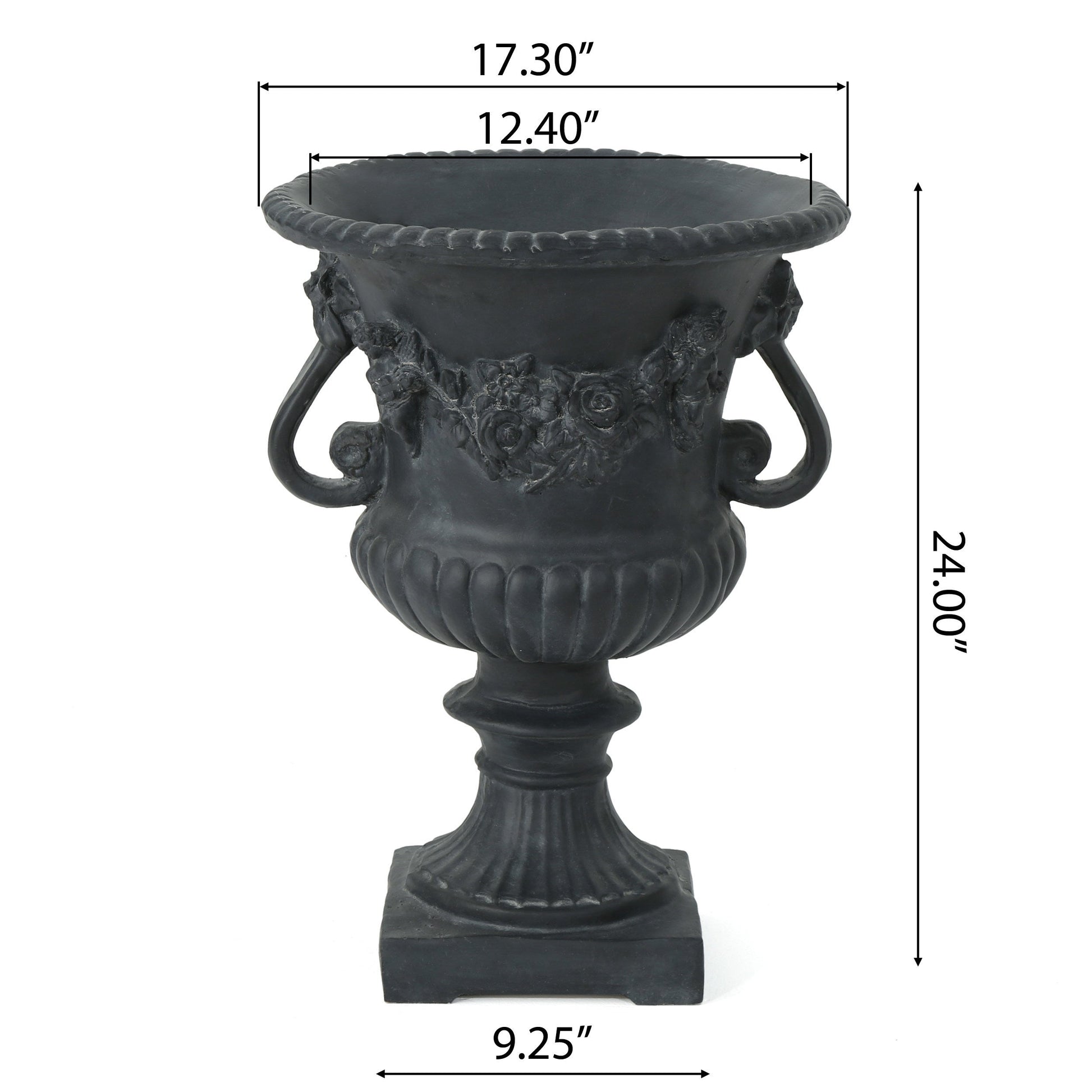 Buena Vista Urn planter by HouseOfZazla, black metal with floral relief on Tampa Home & Garden Store
