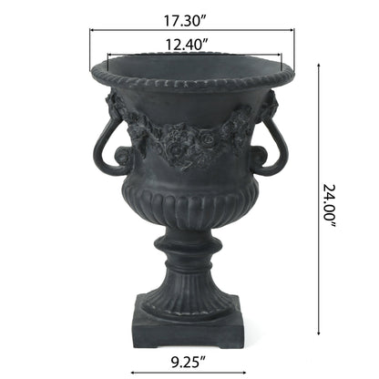 Buena Vista Urn planter by HouseOfZazla, black metal with floral relief on Tampa Home & Garden Store