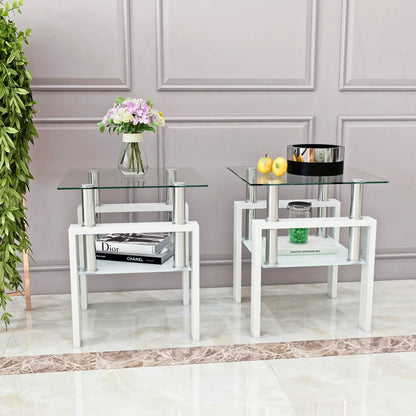 Modern tempered glass end tables, 2-piece set with chrome legs and white bases on Tampa Home & Garden Store