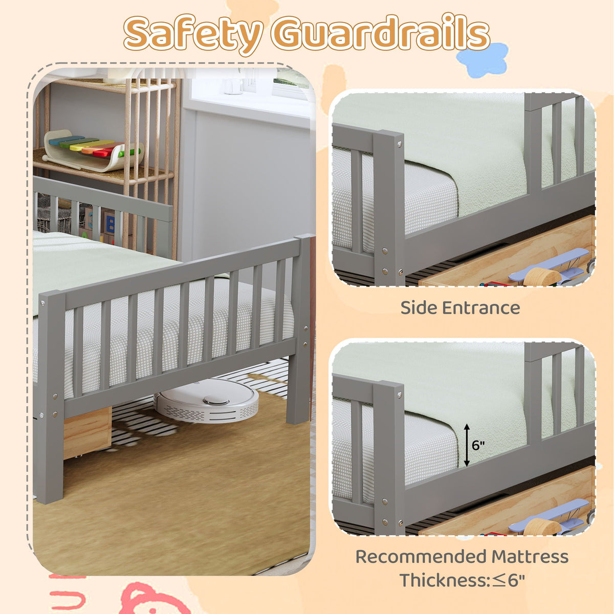Gray storage bed with headboard rack, 2 under-bed drawers, and side guardrails HouseOfZazla on Tampa Home & Garden Store