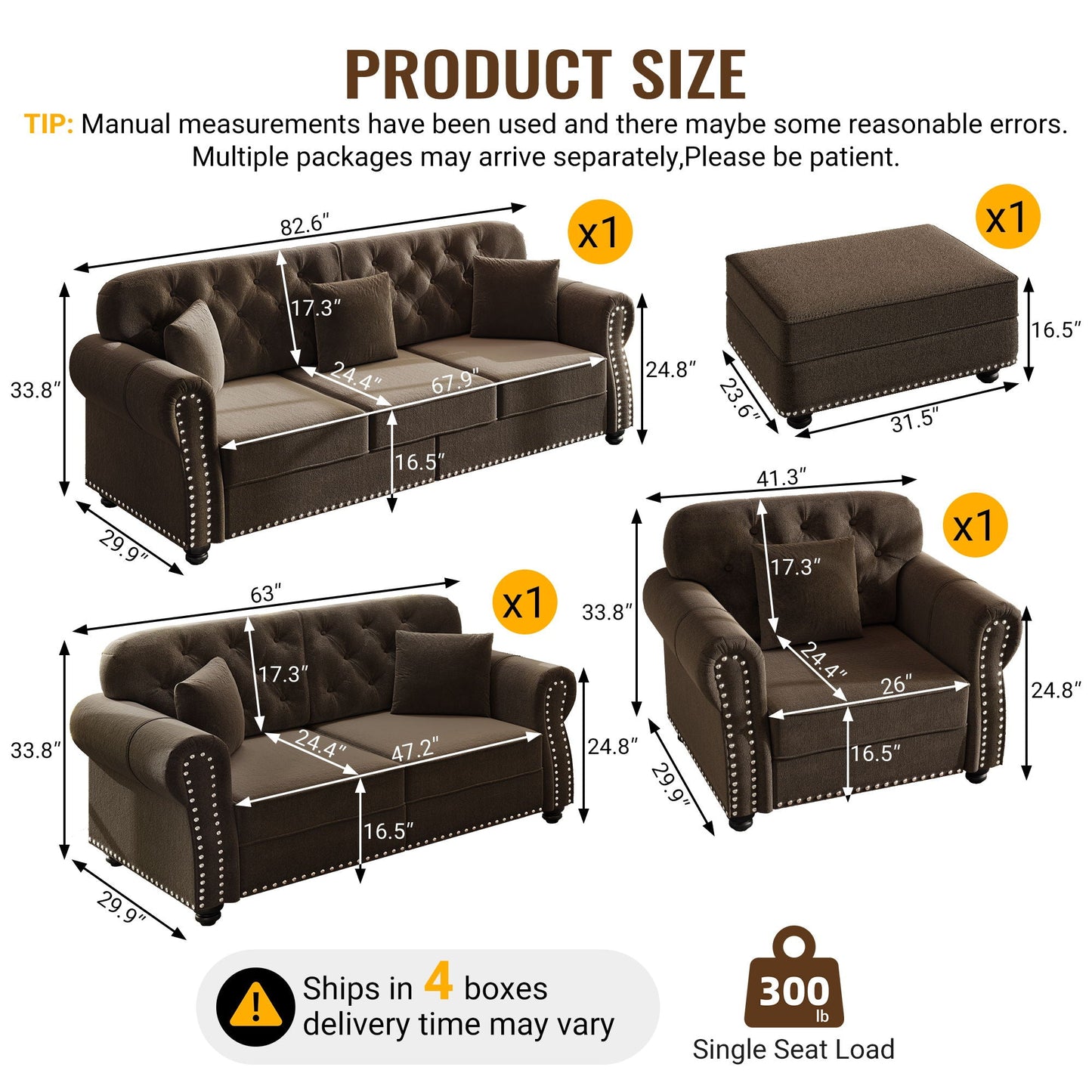 Upholstered Sofa Set with Nailhead and Pillows