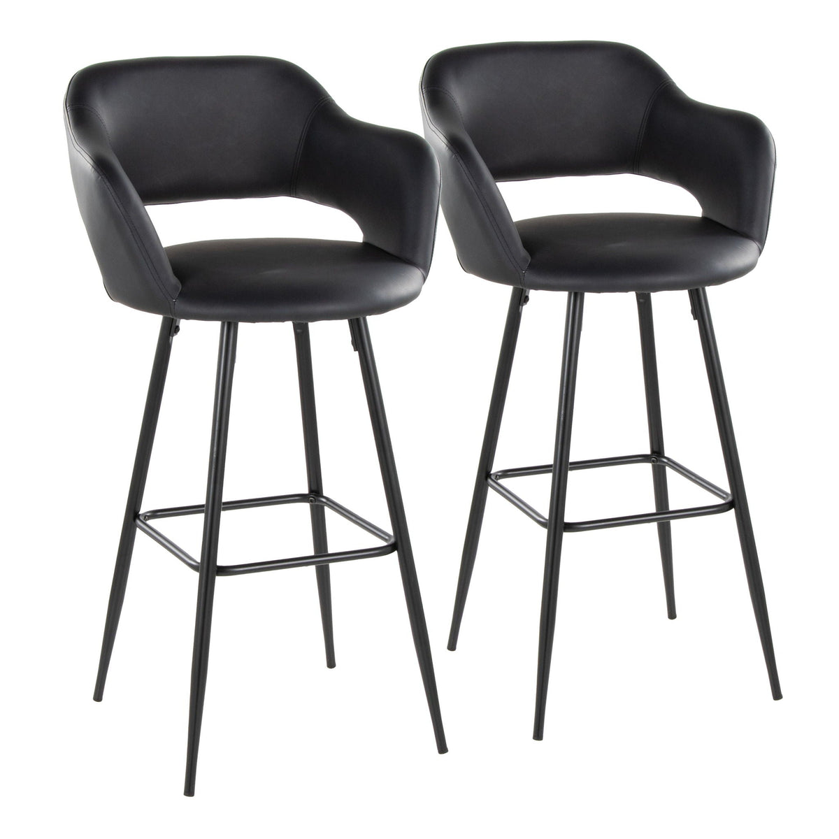 Barstool set of 2, contemporary black faux-leather stools with square footrests on Tampa Home & Garden Store